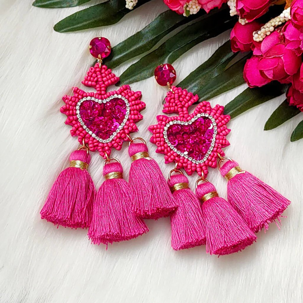 Heart Beaded Sequin Pink Tassel Dangle Earrings